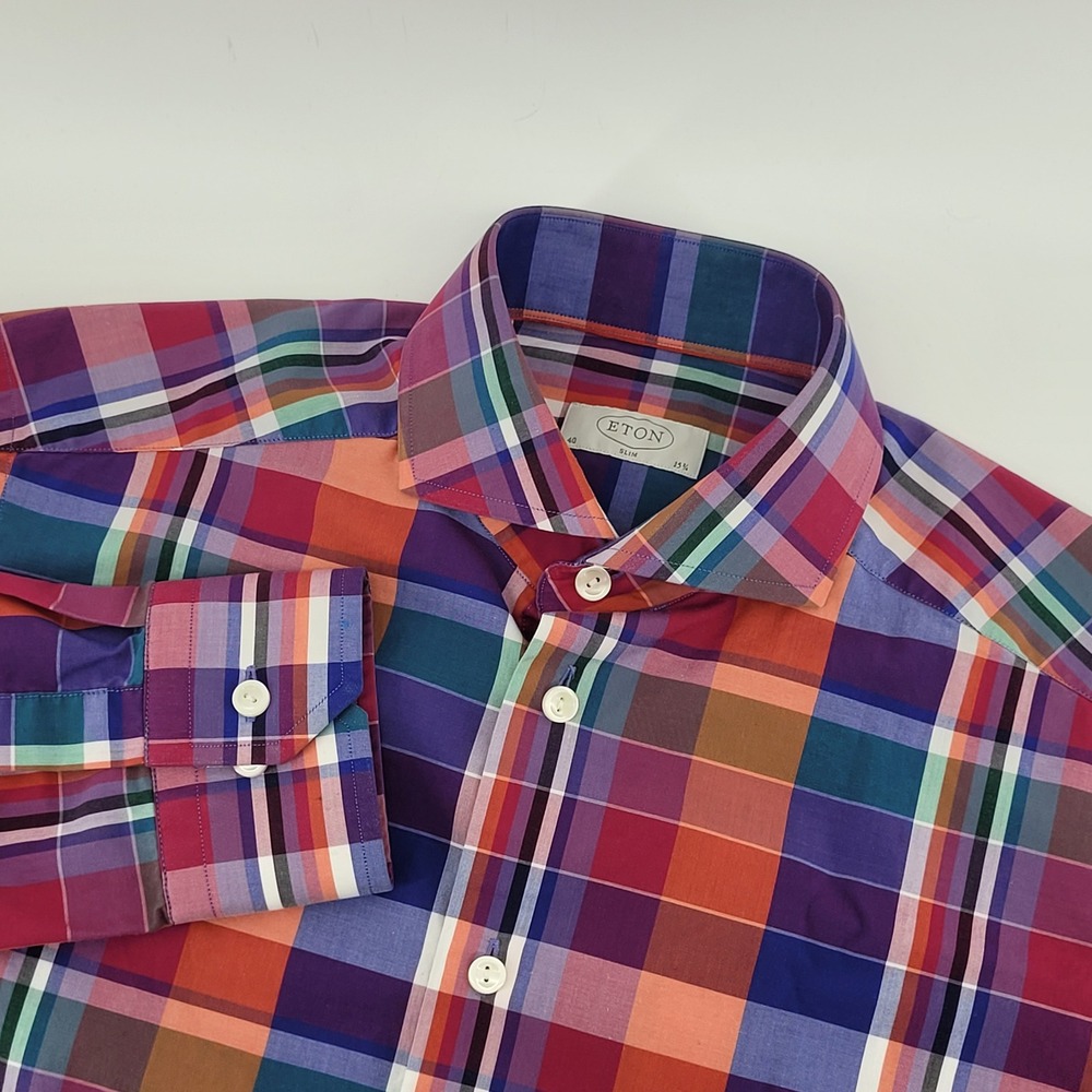 Eton Button Down Shirt 15.75 40 Multicolor Plaid‎ Slim Fit Cotton Mens